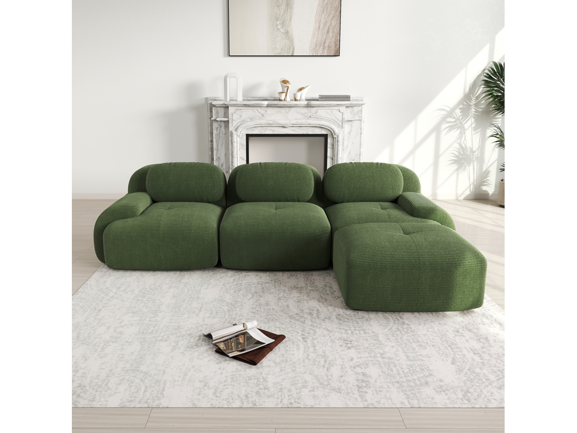 Sofá Modular Canto, Sem Montagem, Ergonômico, Pet-friendly, Veludo, Braços Largos, Espuma 32d, Verde.