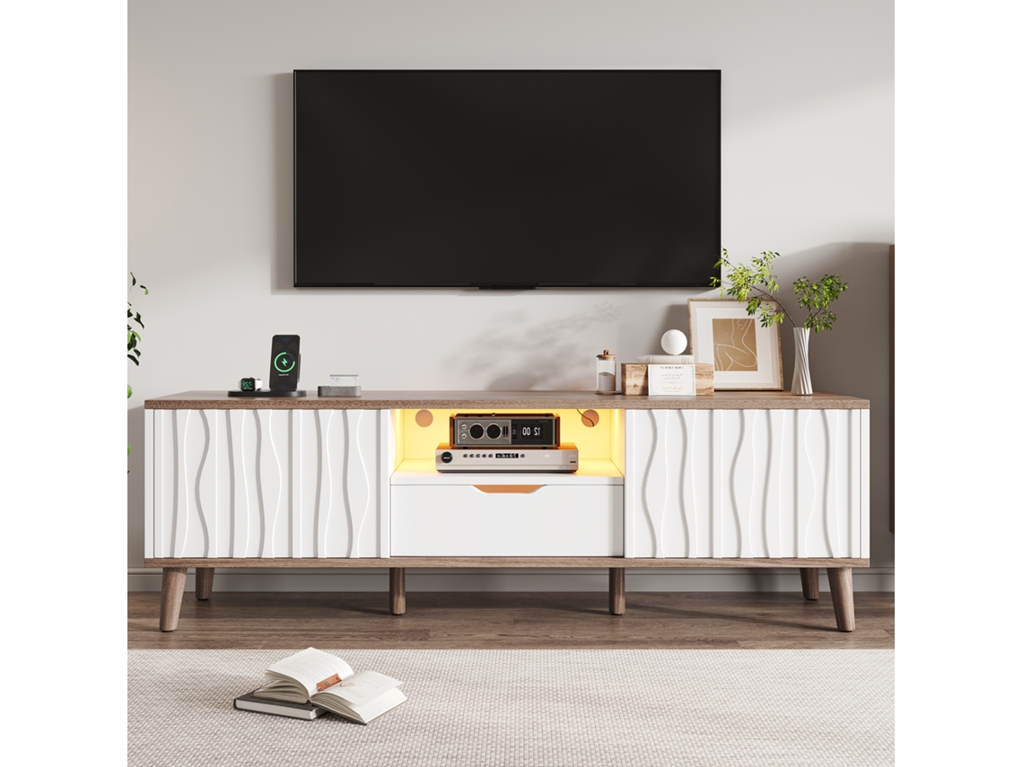 Móvel Tv Led 160x40x52 Cm – Porta De Correr, Até 70'', Estilo Moderno – Branco E Nogueira Escura