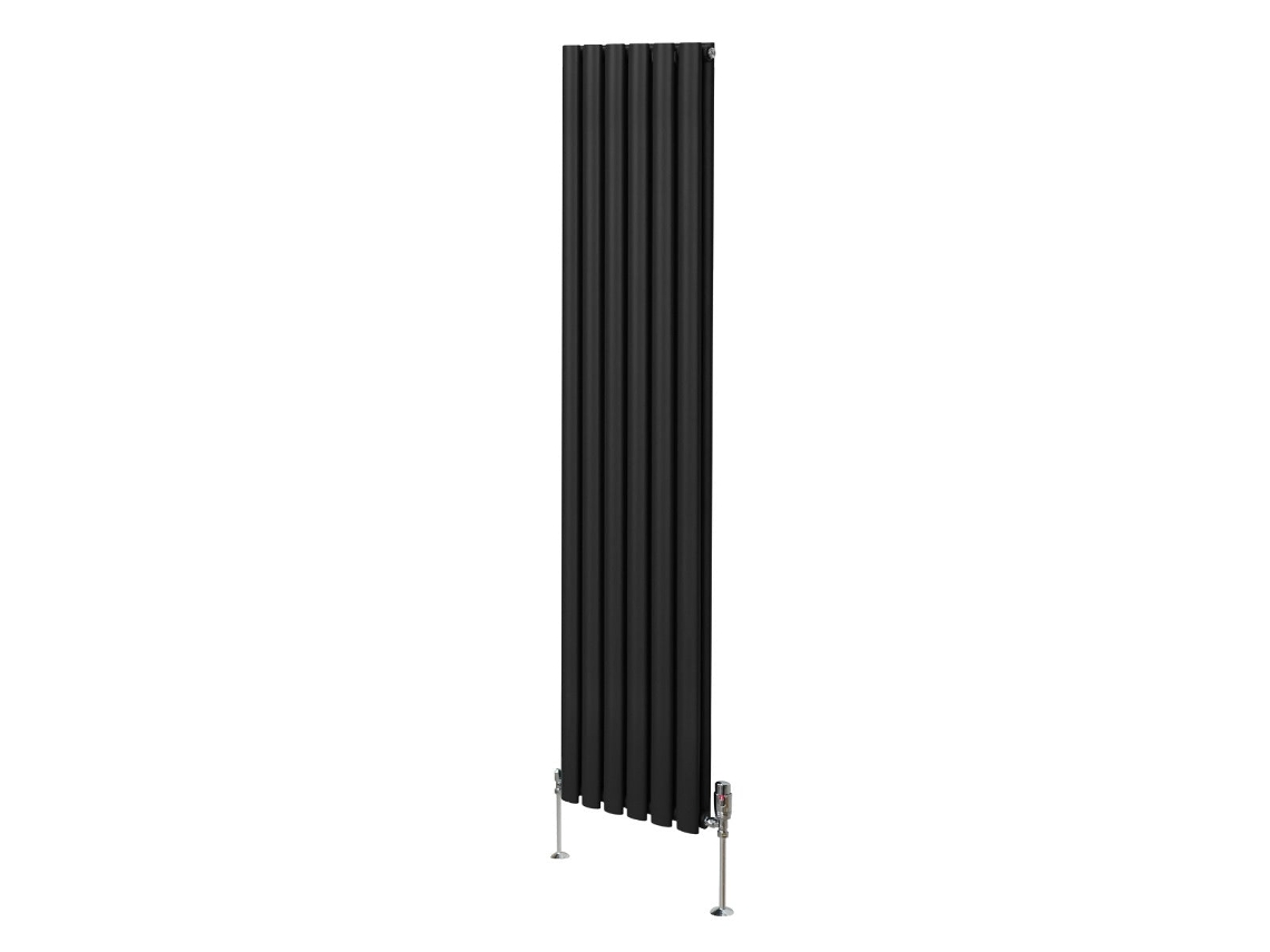 Radiador Vertical Oval Em Aço Carbono Preto 1800x360mm Com Elevada Potência Térmica E Conjunto De Válvulas Termostáticas