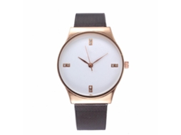 Relógio de quartzo com pulseira de malha de aço inoxidável e strass (branco e ouro rosa)