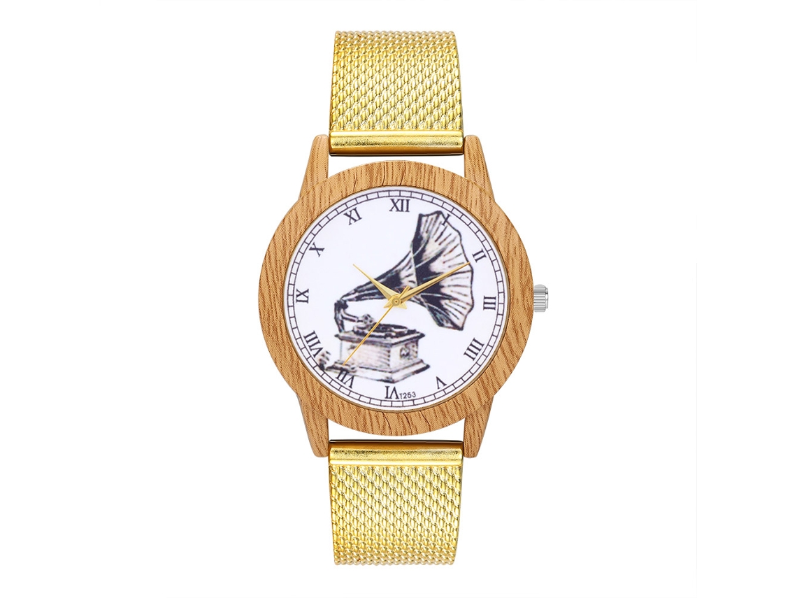 Reloj Cuarzo Unisex Pulsera Silicona Patrón Fonógrafo Vintage Oro Zhoulianfa