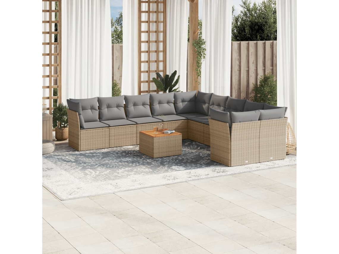 Vidaxl 11 Pcs Conj. Sofás Jardim C/ Almofadões Vime Pe Bege Misturado