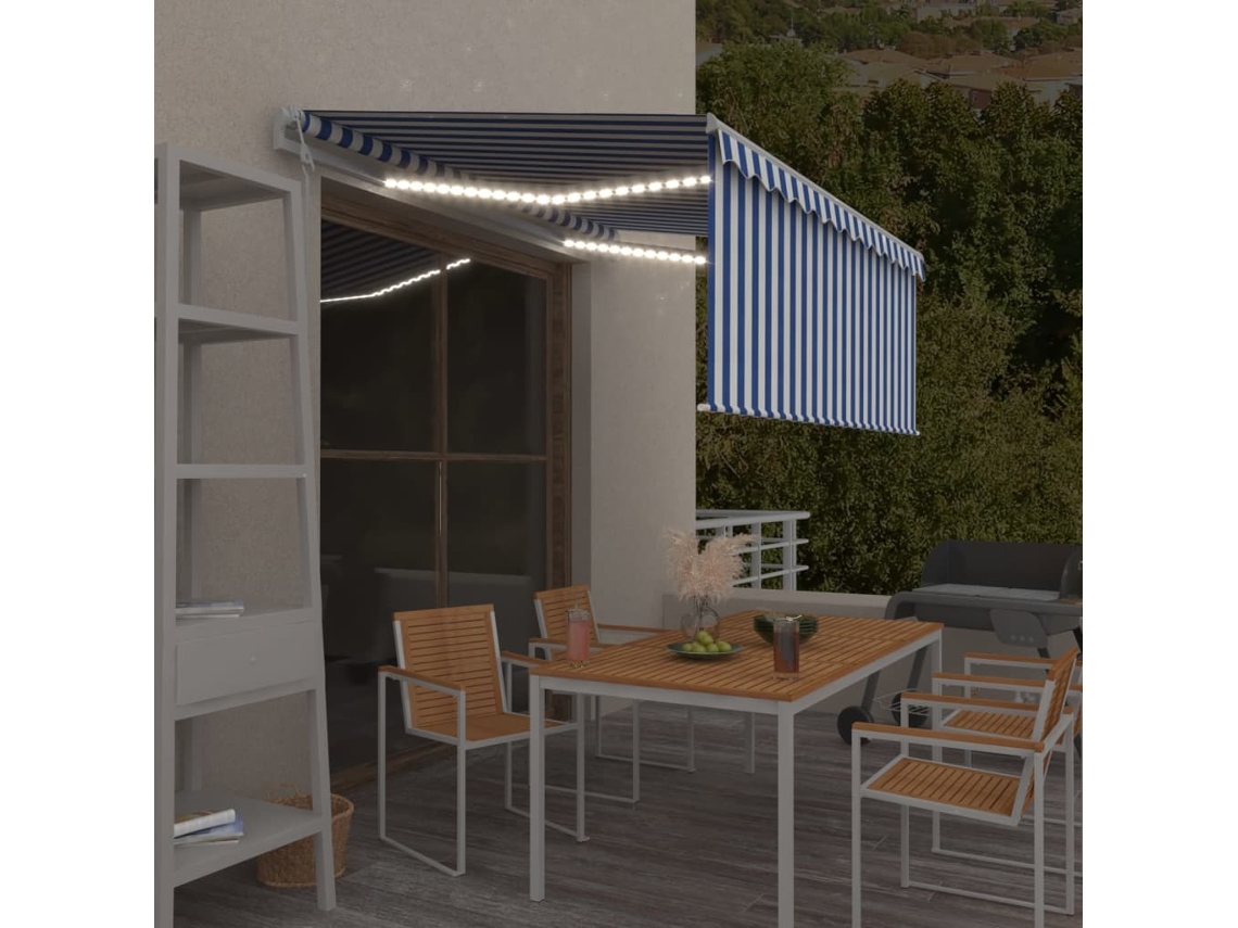 Vidaxl Toldo Automático C/ Estore/led/sensor Vento 3x2,5m Azul/branco