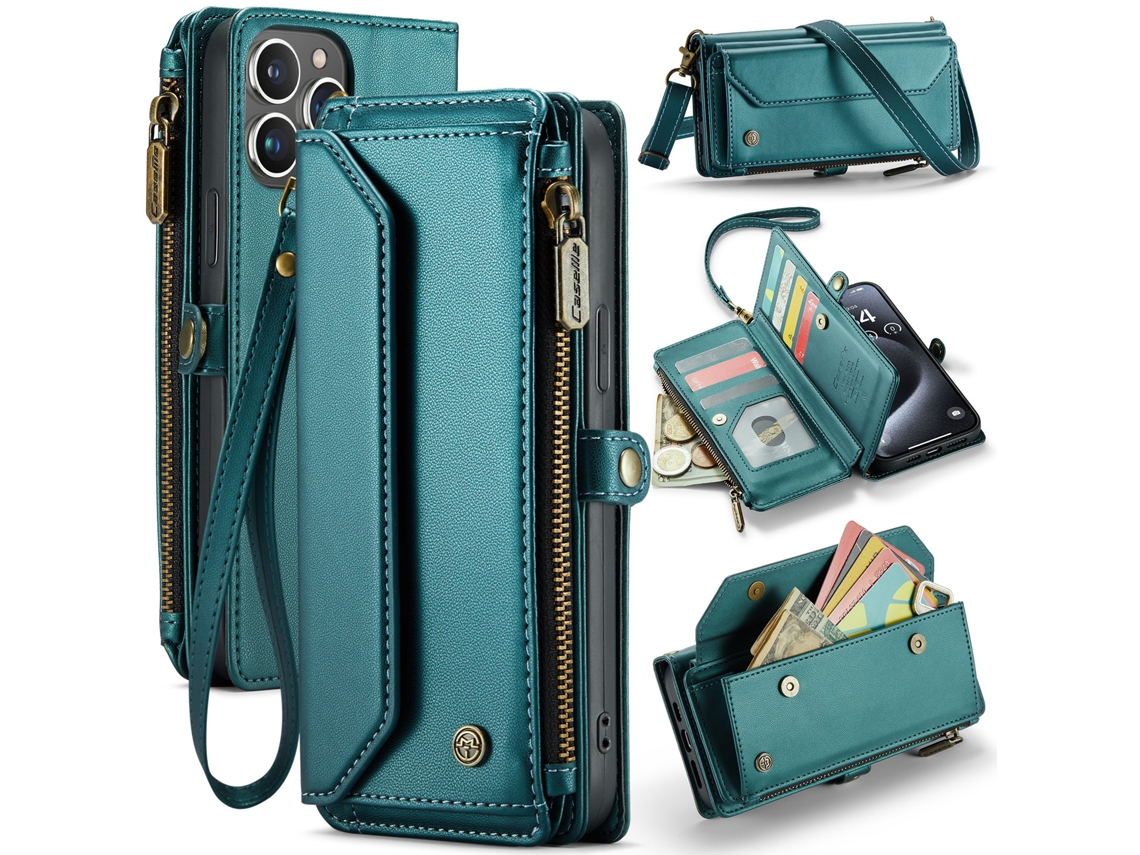 Capa De Couro Multifuncional Para Celular Com Zíper E Aba.verde - Iphone 14 Pro Max