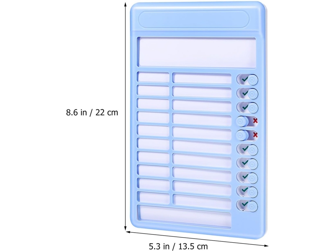 Quadro de tarefas diárias em plástico azul com marcadores deslizantes, suporte dobrável, planejador visual apagável.