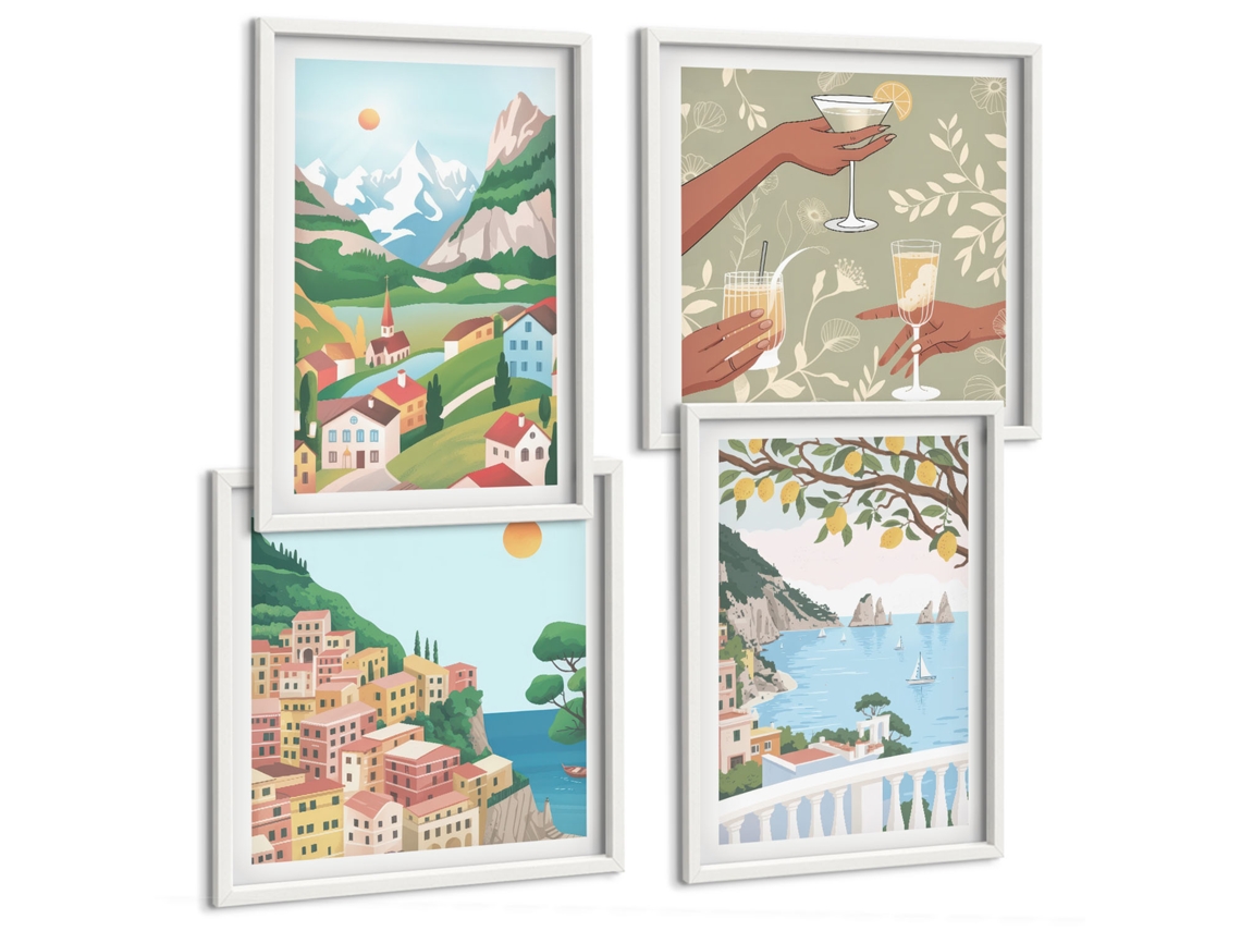Pinturas Murais Modernas Vistas Litorâneas Em Tons Pastel Moldura Branca Pinturas De Quarto Espelharte (conjunto De 4 Imagens)