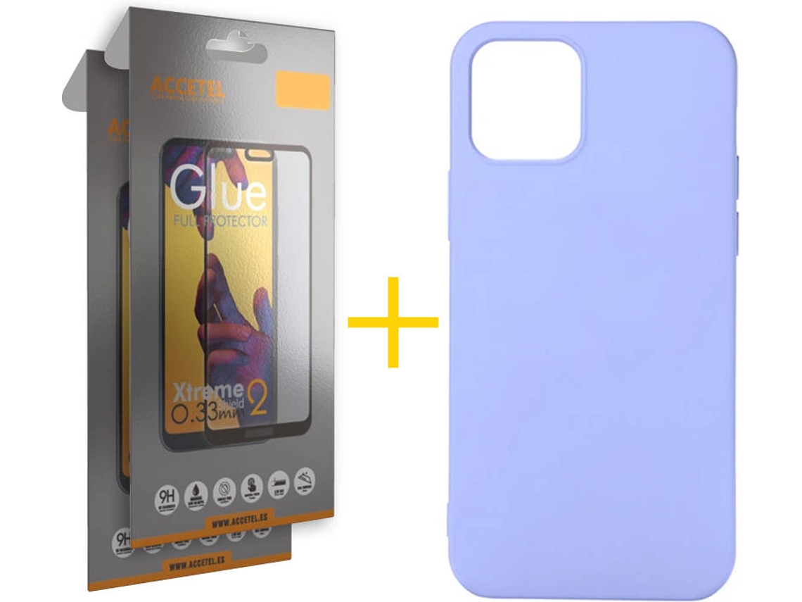 Kit Capa e Película Vidro Full2X  iPhone 12 « 12 Pro Accetel Silicone Roxo
