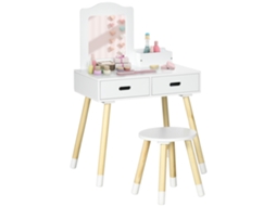 Penteadeira Infantil, Mesa de Maquiagem com Banquinho, Espelho e 2 Gavetas, de 3 a 6 Anos, 60 X 40 X 95 Cm, Branca e de Madeira Ge