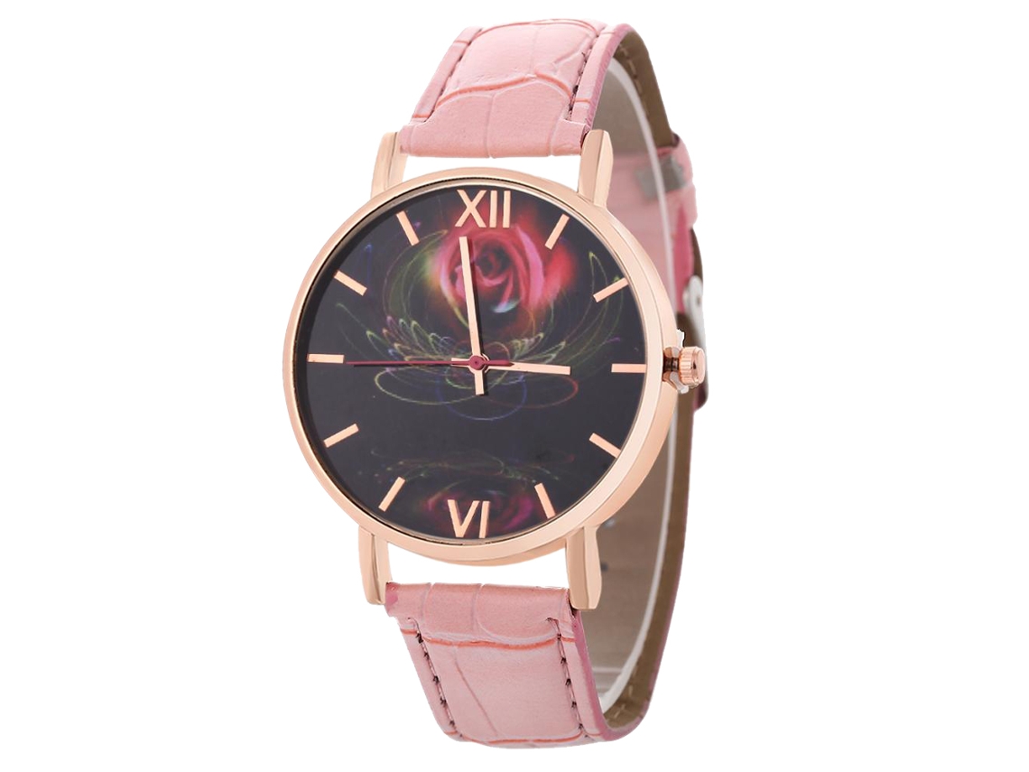 Reloj De Pulsera Unisex De Cuero Pu Moda Quartz Hombre Mujer Rosa