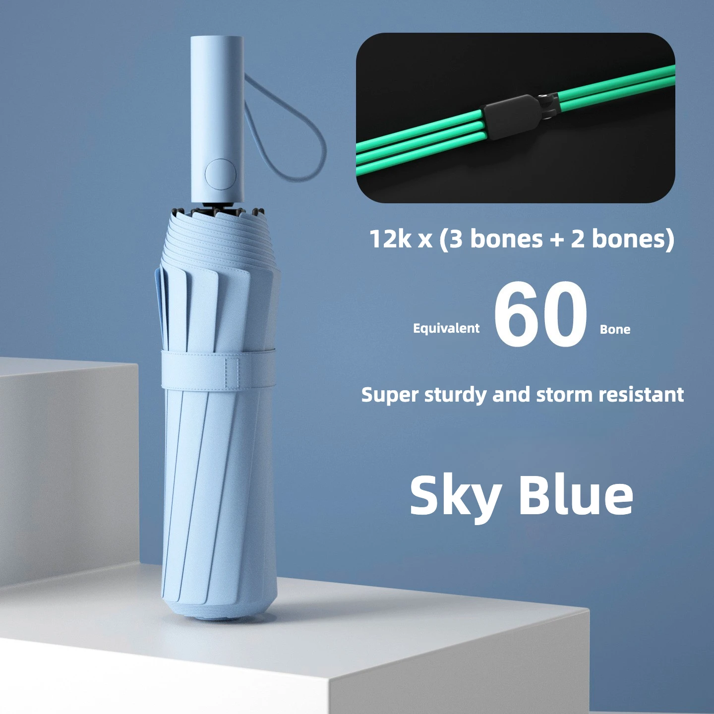 Guarda-chuva Dobrável Automático À Prova De Vento (azul Celeste 12k), Proteção Solar Upf50+ E Proteção Uv.