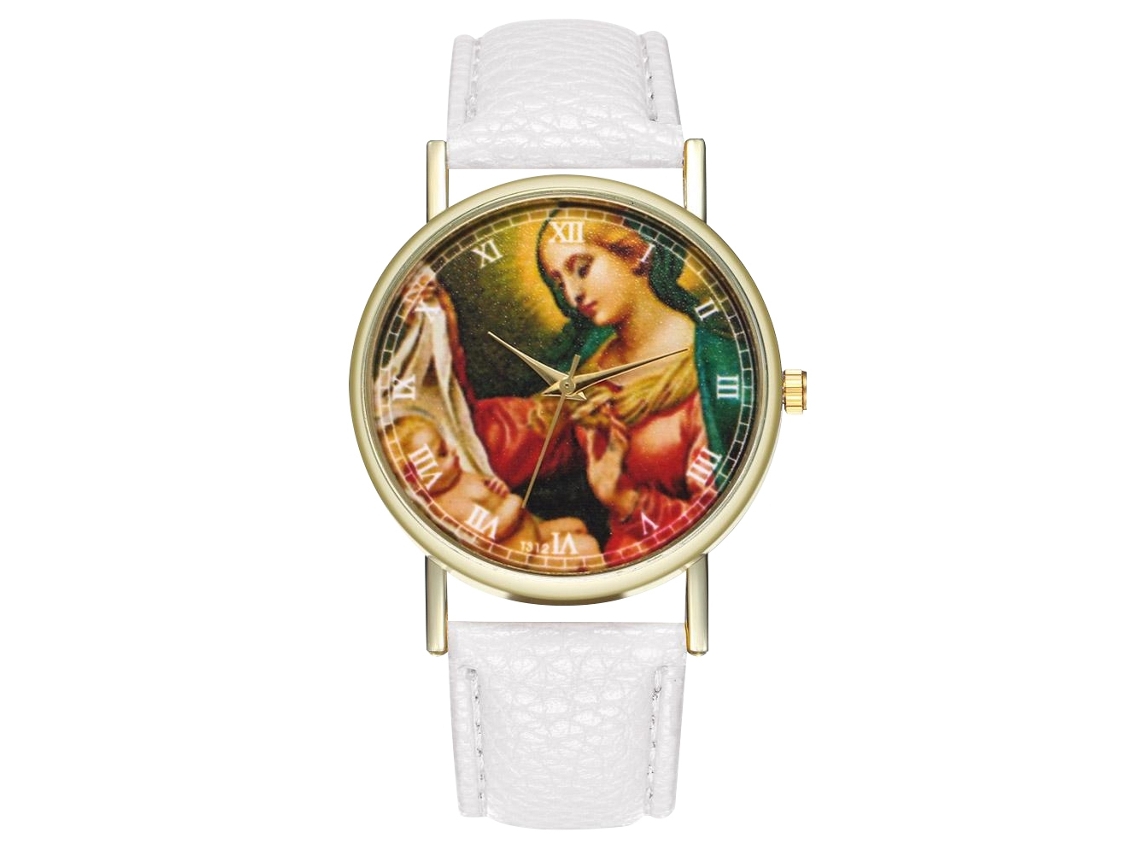 Relógio de pulso unissex de quartzo com pulseira de PU e mostrador redondo com padrão de figuras (branco)