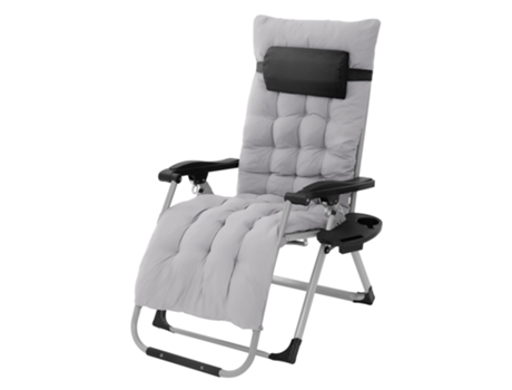 Espreguiçadeira Dobrável Cinzenta com Almofada de Pescoço Ajustável e Suportes para Bebidas HAUKI