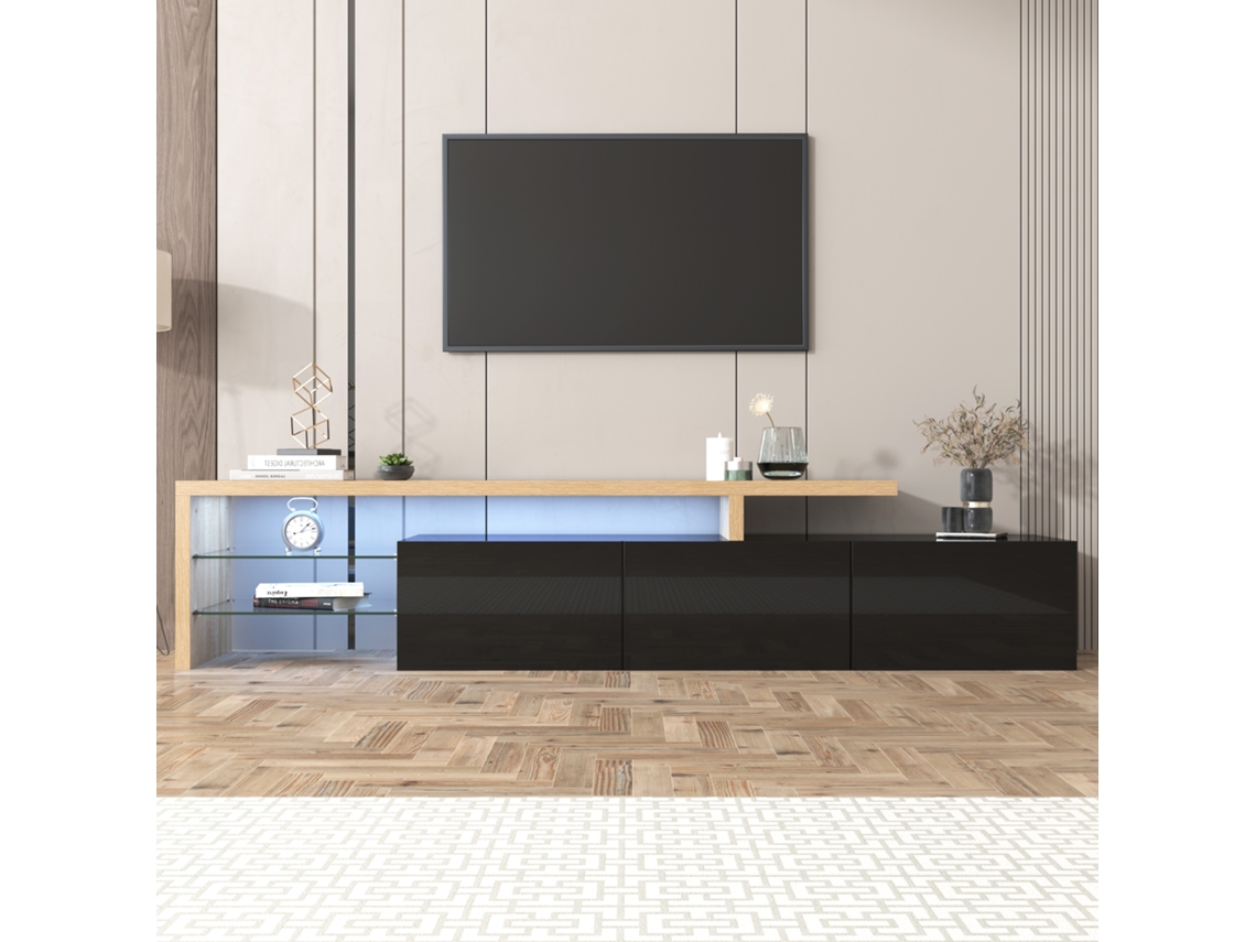 Móvel para TV KOMHTOM com 3 gavetas e 2 nichos abertos, design modernista, branco e preto brilhante, 190x40x42 cm