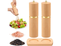 Conjunto De 2 Moedores De Sal E Pimenta Madeira Com Núcleo Cerâmica, Ajuste De Moagem E Bandeja Para Servir