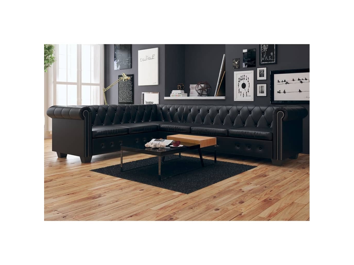 Vidaxl Sofá De Canto Chesterfield 6 Lugares Couro Artificial Preto