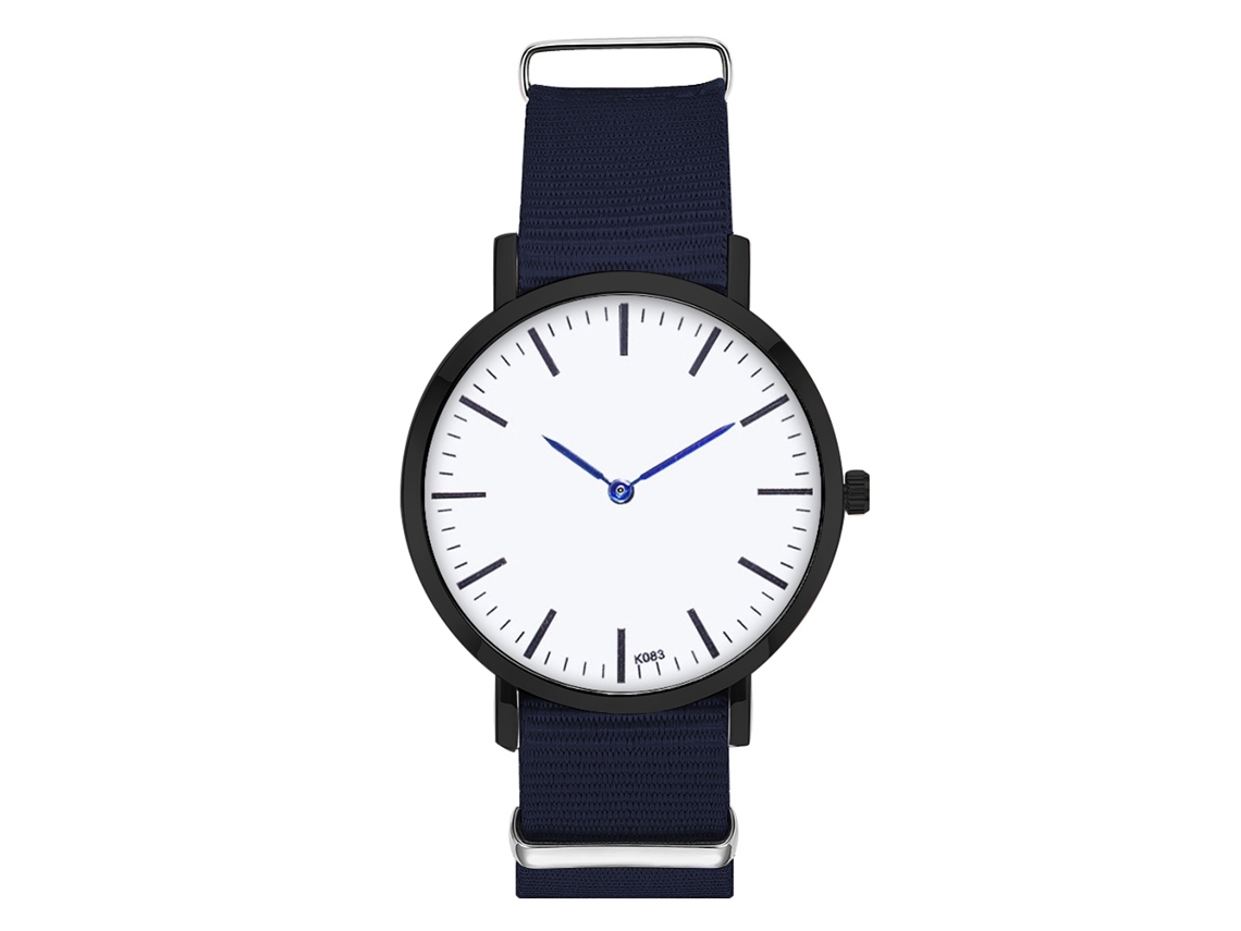 Relógio de casal moderno com pulseira de nylon, mostrador redondo e quartzo azul royal.