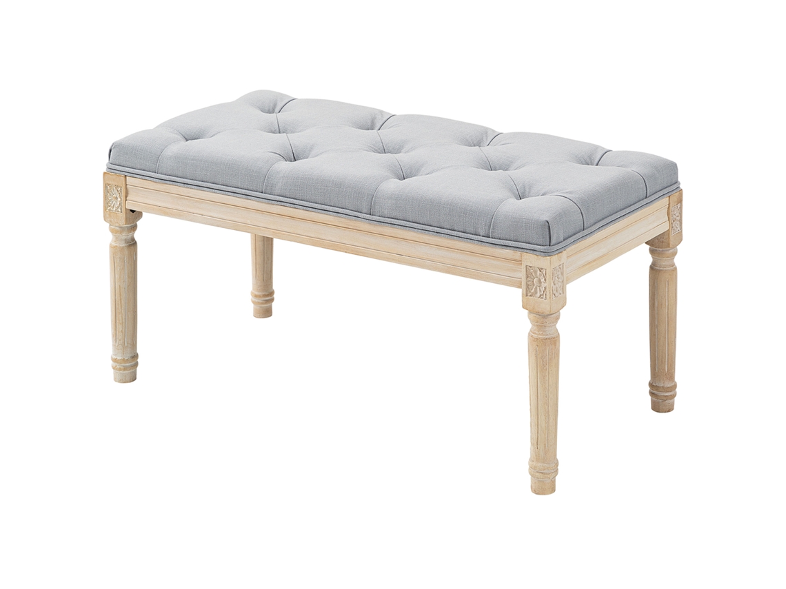 Banco estofado para cama com linóleo sintético e pinos de madeira, estilo vintage, leve, Cinzento