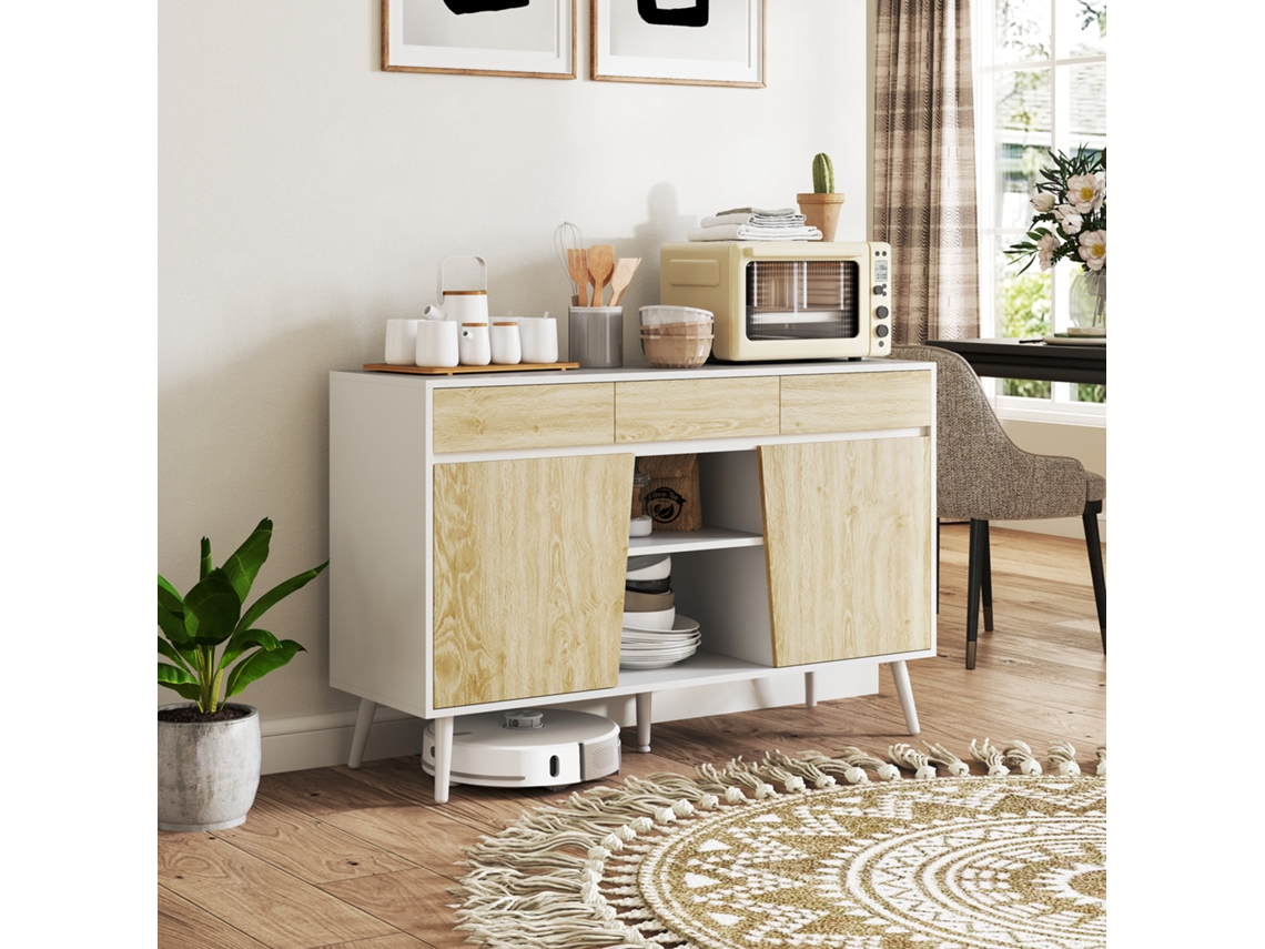 Móvel para TV e Sala com 3 Gavetas, Prateleiras, 120x39x77 Cm, Branco e Madeira