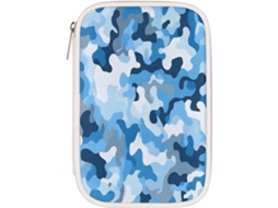 Bolsa organizadora de material escolar camuflada azul, com compartimentos, ideal para materiais escolares.