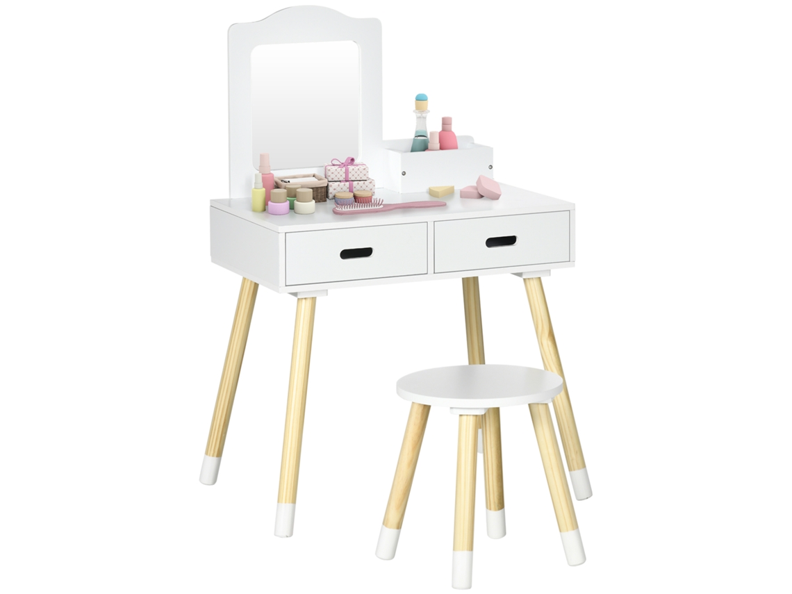 Penteadeira Infantil de 60x40x95cm Madeira com Banquinho e Centro de Beleza Espelhado com 2 Gavetas para 3 a 6 Anos Branco