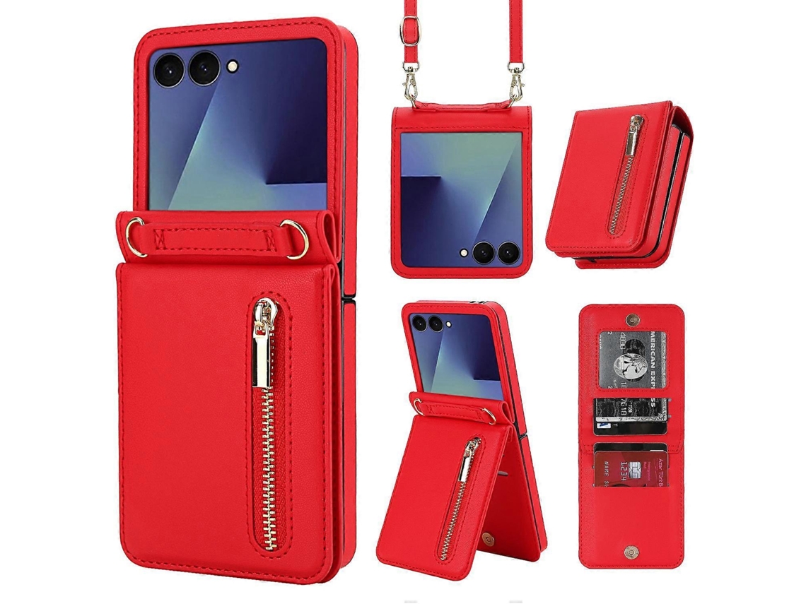 Capa De Couro Com Zíper, Compartimento Para Cartão E Alça Transversal Para Samsung Galaxy Z Flip7 5g