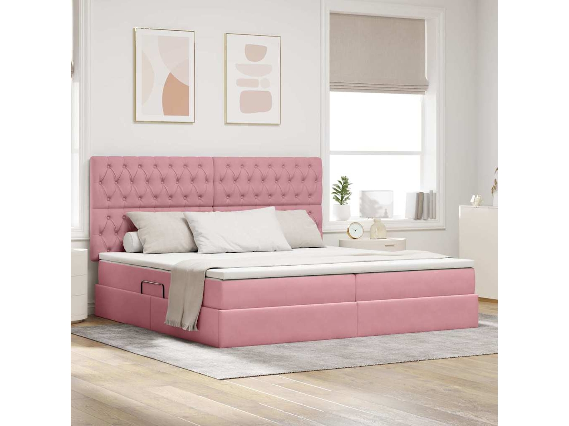 Vidaxl Cama De Armazenamento Led Com Colchão Rosa 200 X 200 Cm Veludo