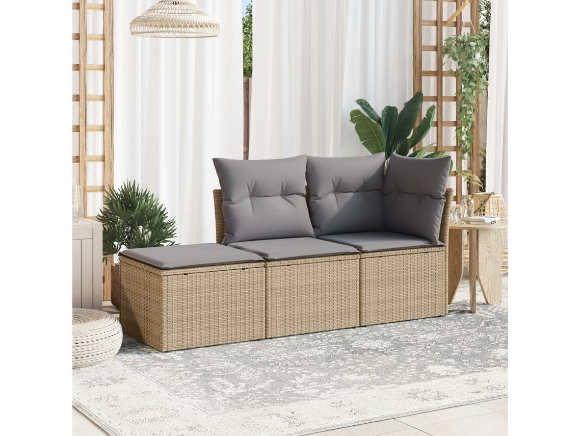 Vidaxl 3 Pcs Conjunto De Sofás P/ Jardim Com Almofadões Vime Pe Bege