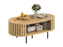 Mesa De Centro Oval, Mesa De Centro Com Armazenamento, Cantos Arredondados, Em Ripas, 100 X 50 X 40 Cm, Efeito Madeira Natural Ch