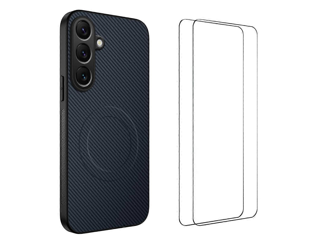 Capa Magnética Wanlonfeng Tq1 Series Com Textura De Fibra De Carbono E Tpu Para Samsung Galaxy A17 5g, Com 2 Películas De Tela, Cor Safira