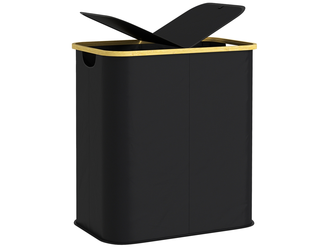 Cesto De Roupa 80l De 2 Seções Com Tampa, Não Tecido E Cesto De Bambu, 54x34x58,5 Cm, Preto-xx