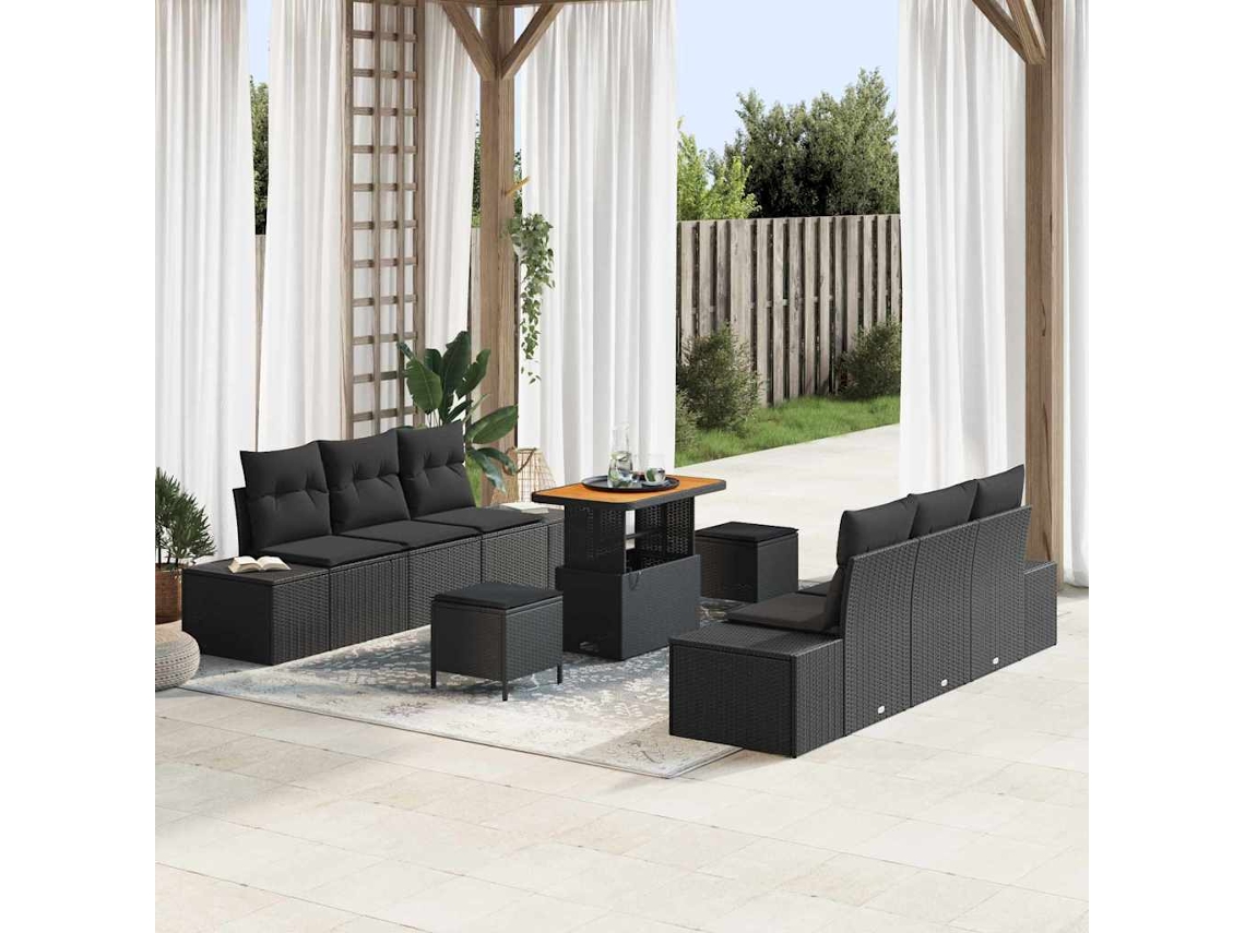 Vidaxl Conjunto De Sofá De Jardim Com Almofada 9 Pcs Preto Vime Pe