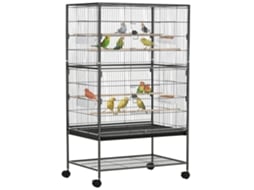 Gaiola Interna de Aço e Madeira com Bandeja Extraível, 4 Rodas, Poleiro e Recipiente de Comida, 78x52x132cm, Cinza Escuro