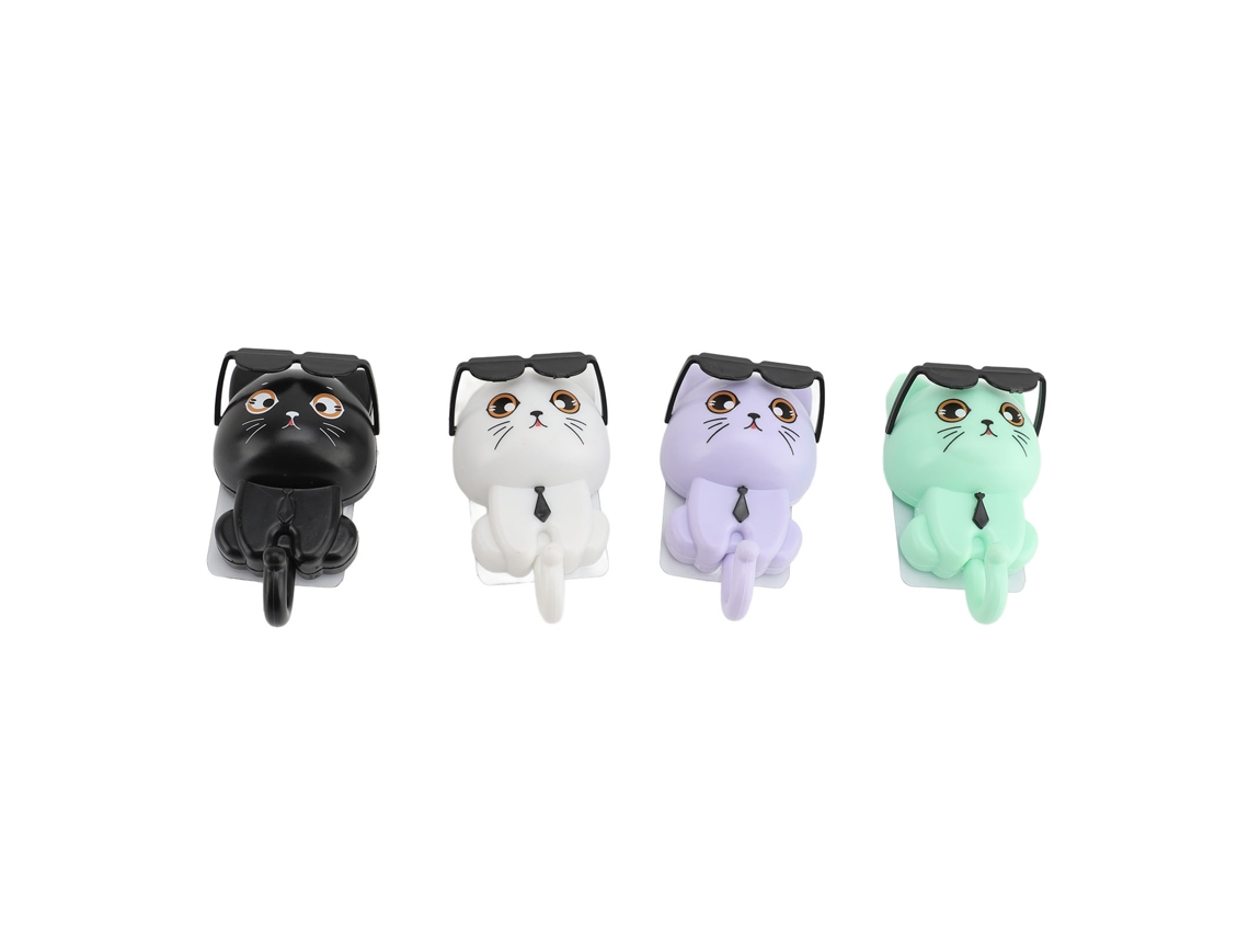 4pcs ganchos de parede adesivos gato com óculos de sol para chaves, chapéus, jaquetas | S/MARCA