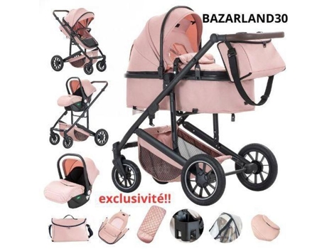 Bazarland30. Carrinho 3 Em 1 Com Assento De Carro Portátil, Molas Absorvedoras De Choque, Chassi Em Liga De Alumínio. Rosa