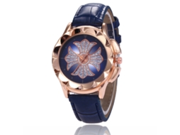 Relógio feminino de quartzo com pulseira de couro sintético, design floral com strass, azul royal