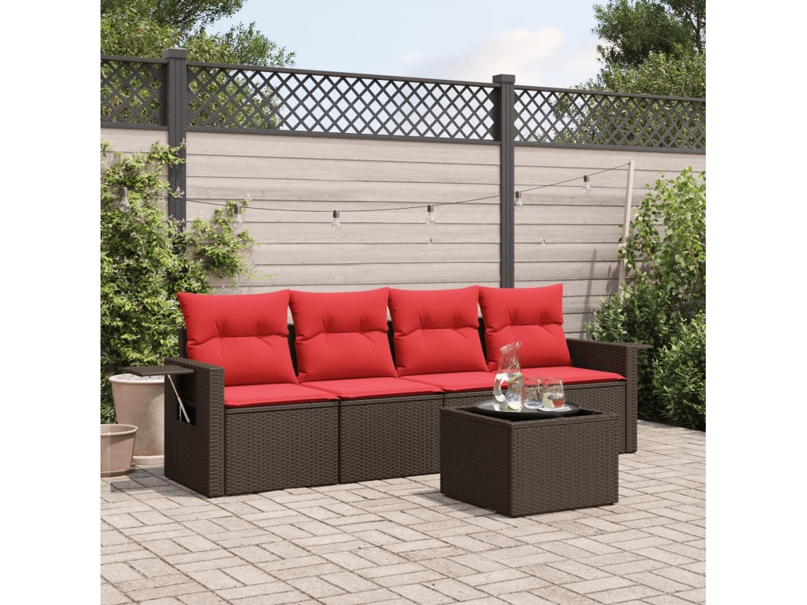 Vidaxl Conjunto De Sofá De Jardim De 5 Peças Com Almofadas Em Rattan Sintético Marrom