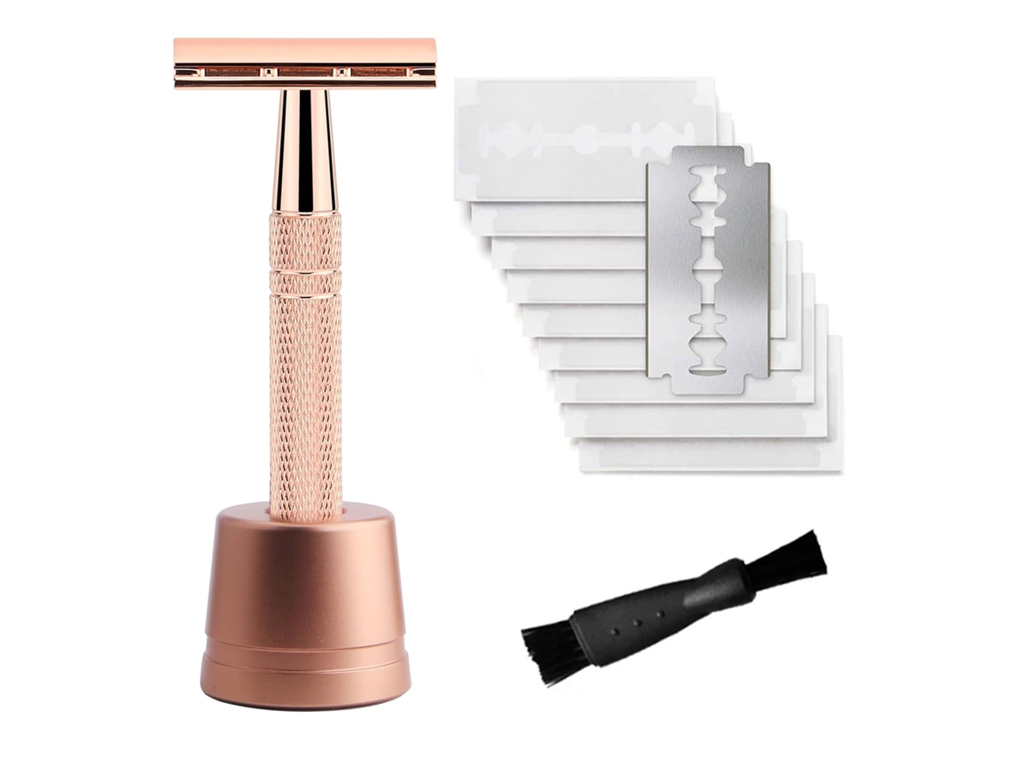 (conjunto Ouro Rosa) Aparelho De Barbear Feminino De Segurança Com Lâmina Dupla E 10 Lâminas De Segurança De Lâmina Simples