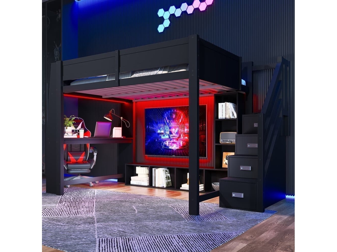 Cama Alta 140x200 - Secretária, Armazenamento Múltiplo, Led E Escada Com Espaço - Preto