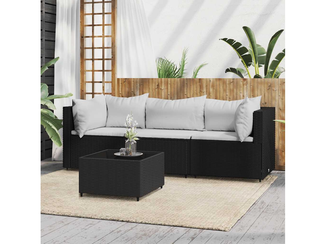 Vidaxl 4 Pcs Conjunto Lounge De Jardim C/ Almofadões Vime Pe Preto