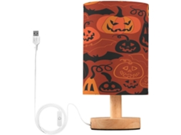 Luminária de mesa Skyshu LED em formato de cabeça de abóbora de Halloween, tamanho pequeno, com fonte de alimentação USB e base de madeira.
