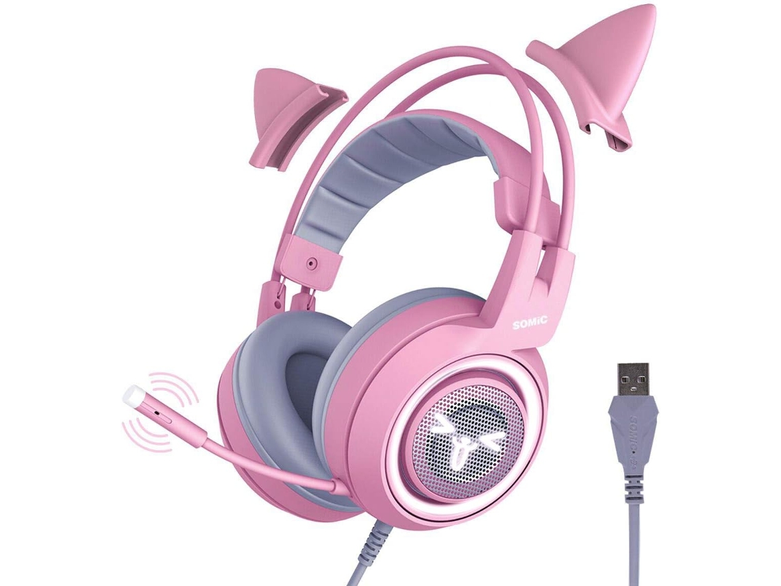 Auscultadores Gaming Rosa Com Orelhas De Gato