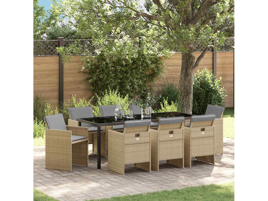 Vidaxl Conjunto de Jantar para Jardim com Almofada 9 Pcs Bege Vime Pe