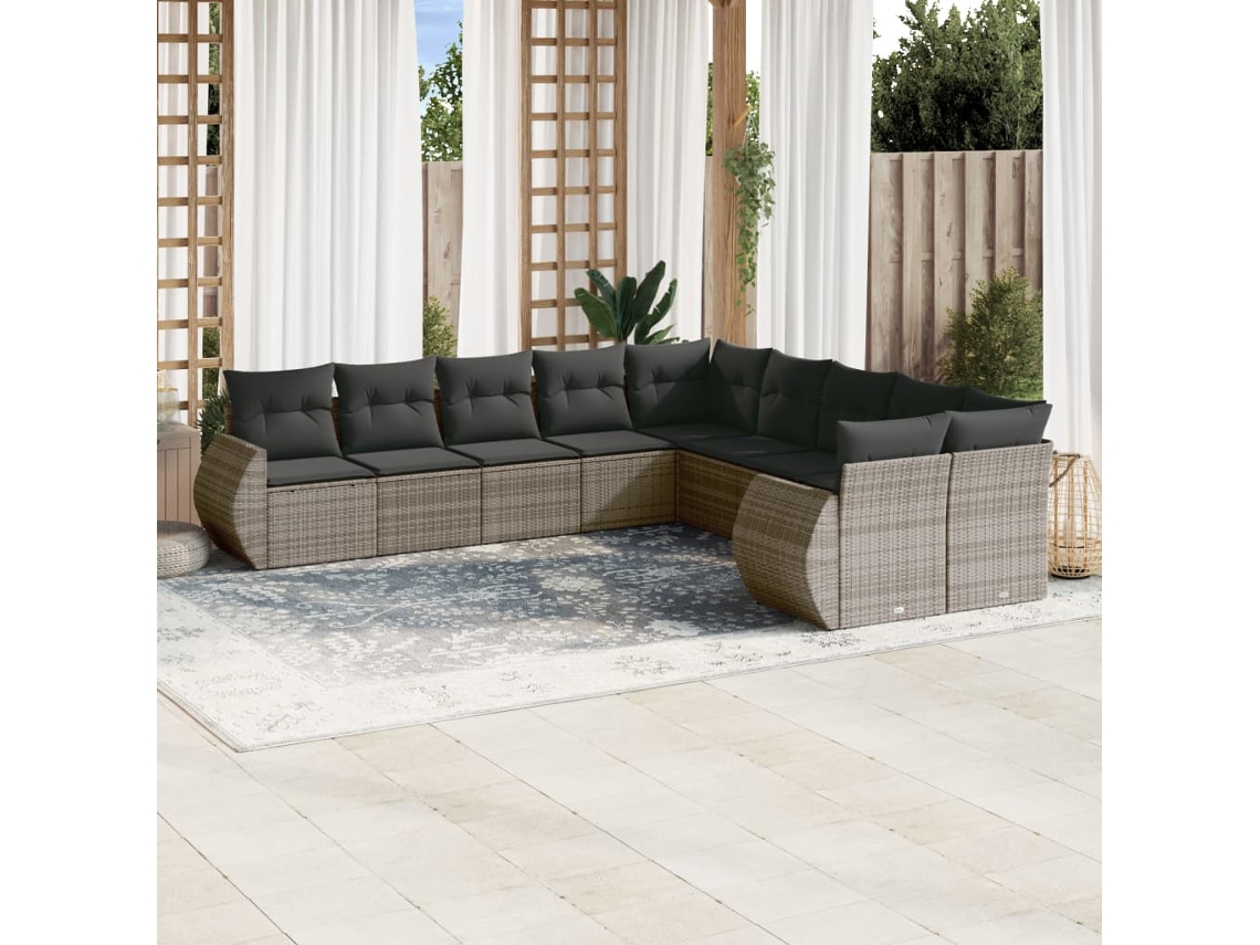 Vidaxl 10 Pcs Conjunto Sofás De Jardim C/ Almofadões Vime Pe Cinzento