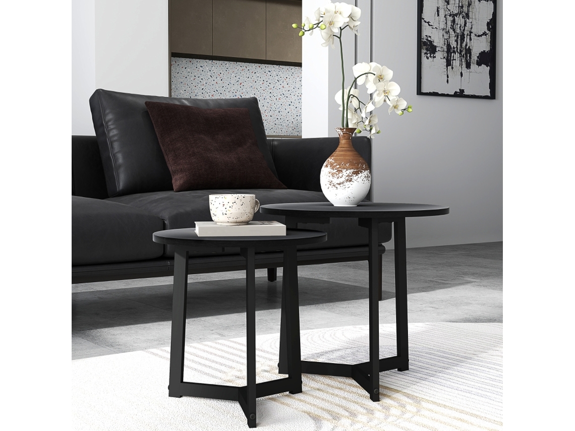 Conjunto De 2 Mesas De Centro Modernas, Estrutura Metálica, Mdf, Design Redondo, Encaixáveis Entre Si, Pretas.