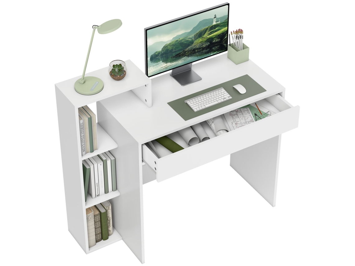 Mesa PC moderna com 3 prateleiras e gaveta em madeira branca (100x40x90 cm) | S/MARCA