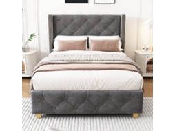 Cama Polster 90200 Cm Cabeceira Com Botões, Rebites, Pés Em Madeira, Estrado De Ripas Cinzento Mobrio