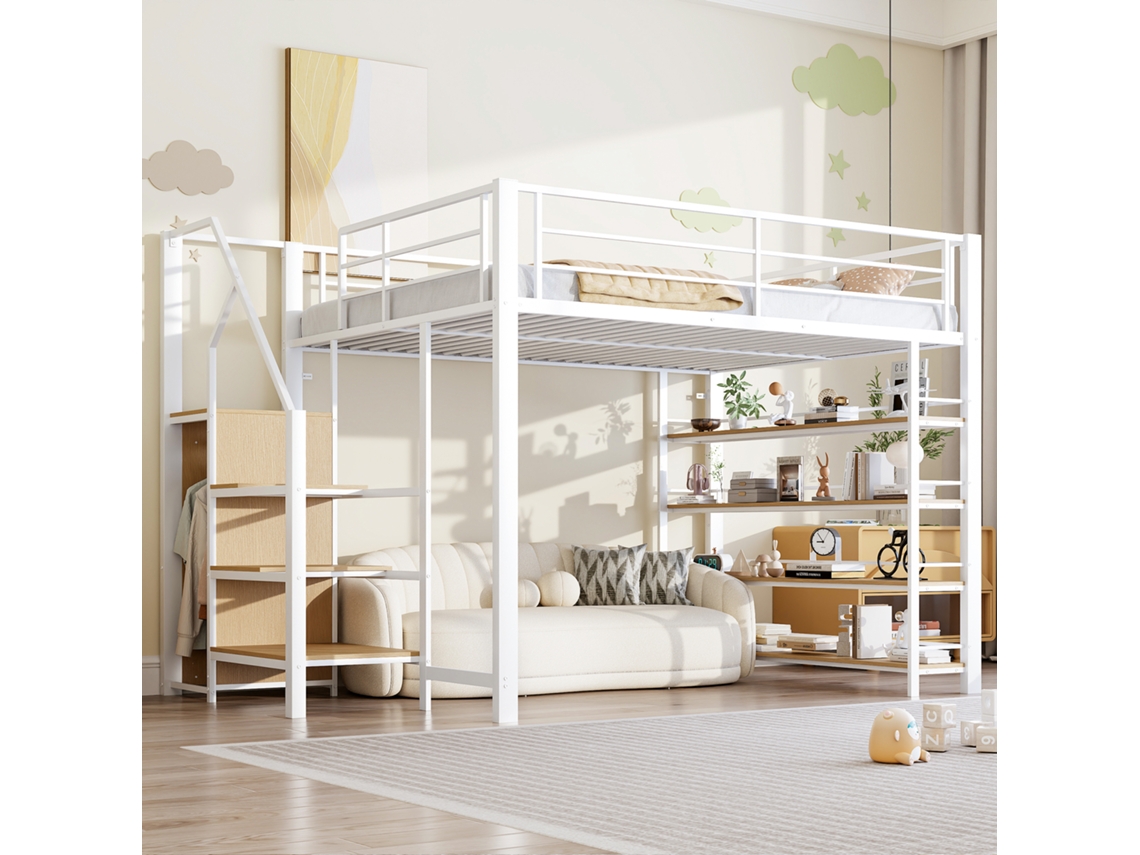Beliche 140x200cm Com Escada De Segurança, Armário Pequeno, Prateleiras, Design De Grade Alta, Cama Infantil E Juvenil, Cor Branca.
