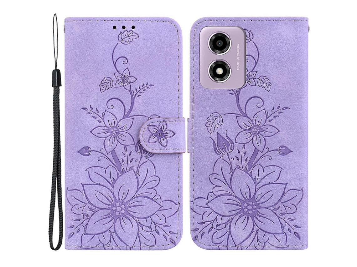 Compre Capa De Couro Com Estampa De Flor De Lírio E Suporte Para Motorola Moto G04s 4g / E14 4g, Roxa