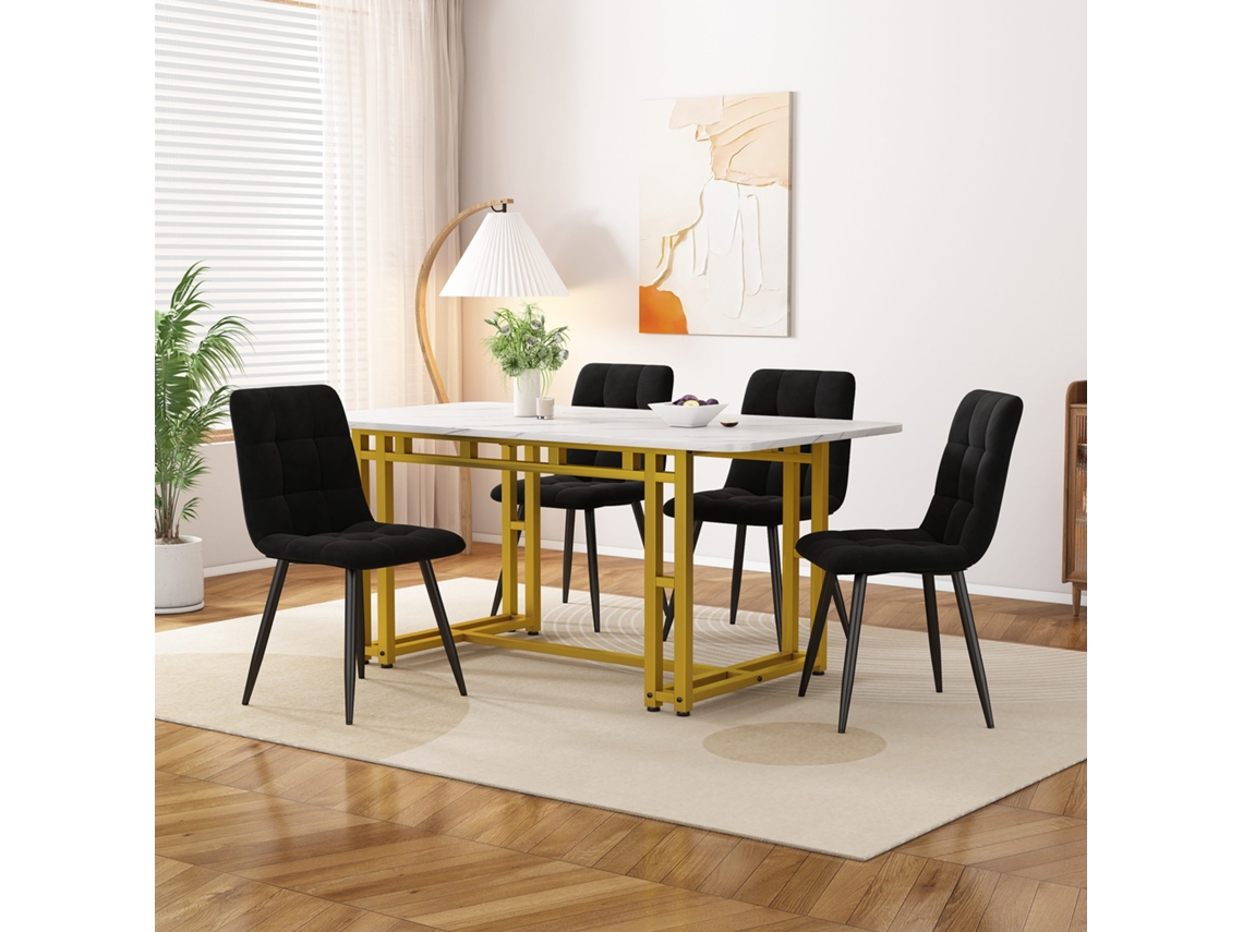 Conjunto De Mesa De Jantar 120x70cm 4 Cadeiras Em Veludo Preto Pés Em Metal Dourado Estilo