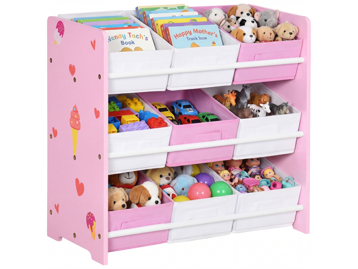 Mobiletto Portagiochi With 9 Cestini Rimovibili In Wood Is Fabric. 63x30x60 Cm. Pink Is White